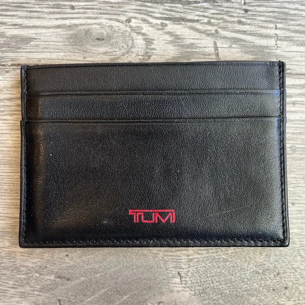 Tumi Men’s Black and Red Leather Slim Card Sleeve Wallet 4” x 2.5”